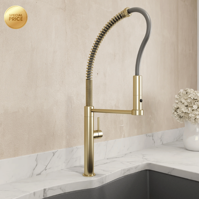BOCCHI Baveno Pro 1.75 GPM 90 Degree Forward Brass Kitchen Faucet, Professional, Goose Neck, Brushed Gold