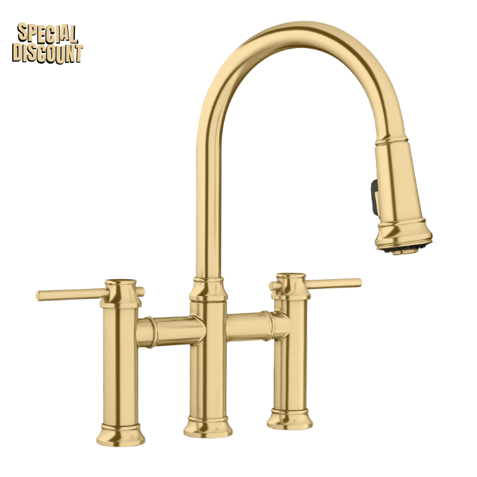 Satin Gold kitchen Faucet 1.5 GPM Brass  Pull Down Dual Spray Bridge