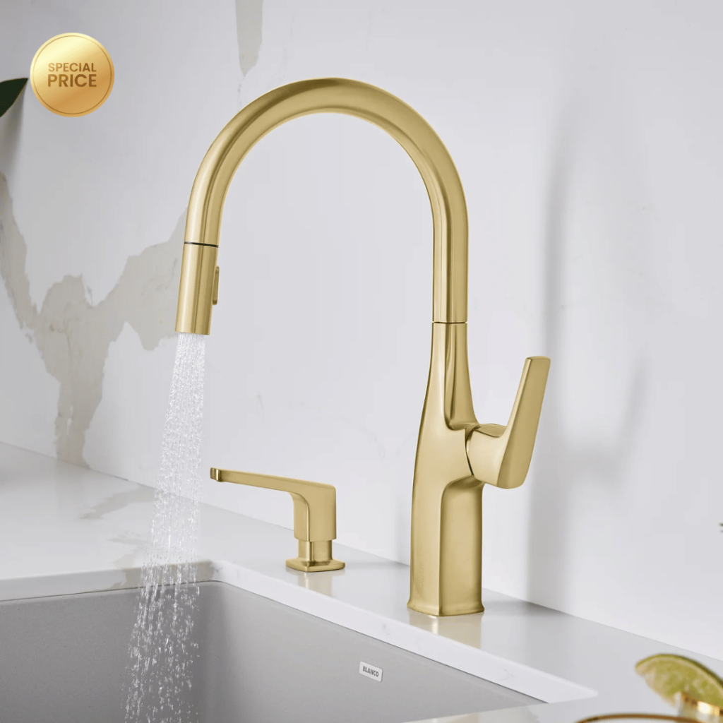 Blanco Rivana High-Arc Pull-Down Dual-Spray Kitchen Faucet, Satin Gold, 1.5 GPM, Brass