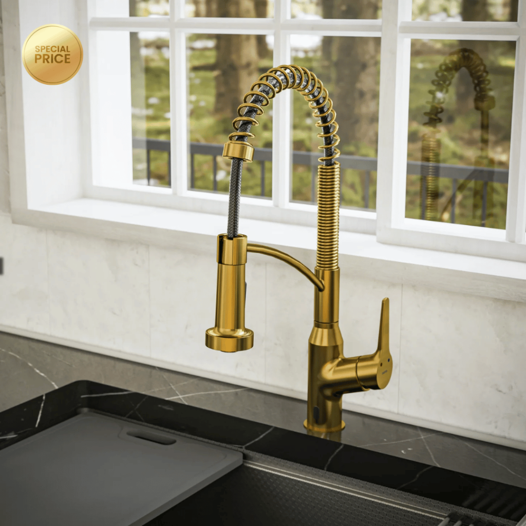 Karran Alston 1.8 GPM Single Lever Handle Lead-free Brass ADA Touchless Kitchen Faucet, Pull-Down, Gold