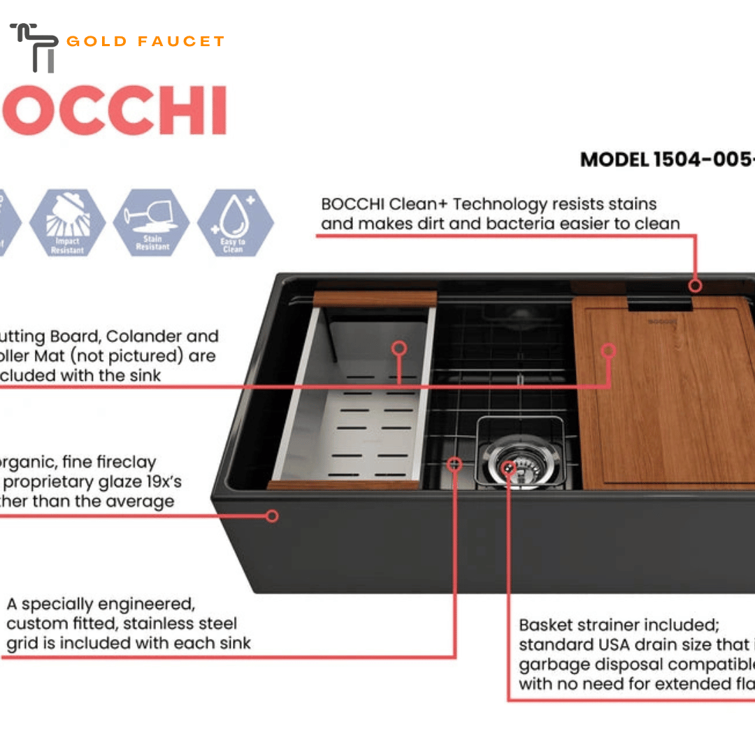 Workstation Black Farmhouse Sink with Accessories BOCCHI Contempo Fireclay