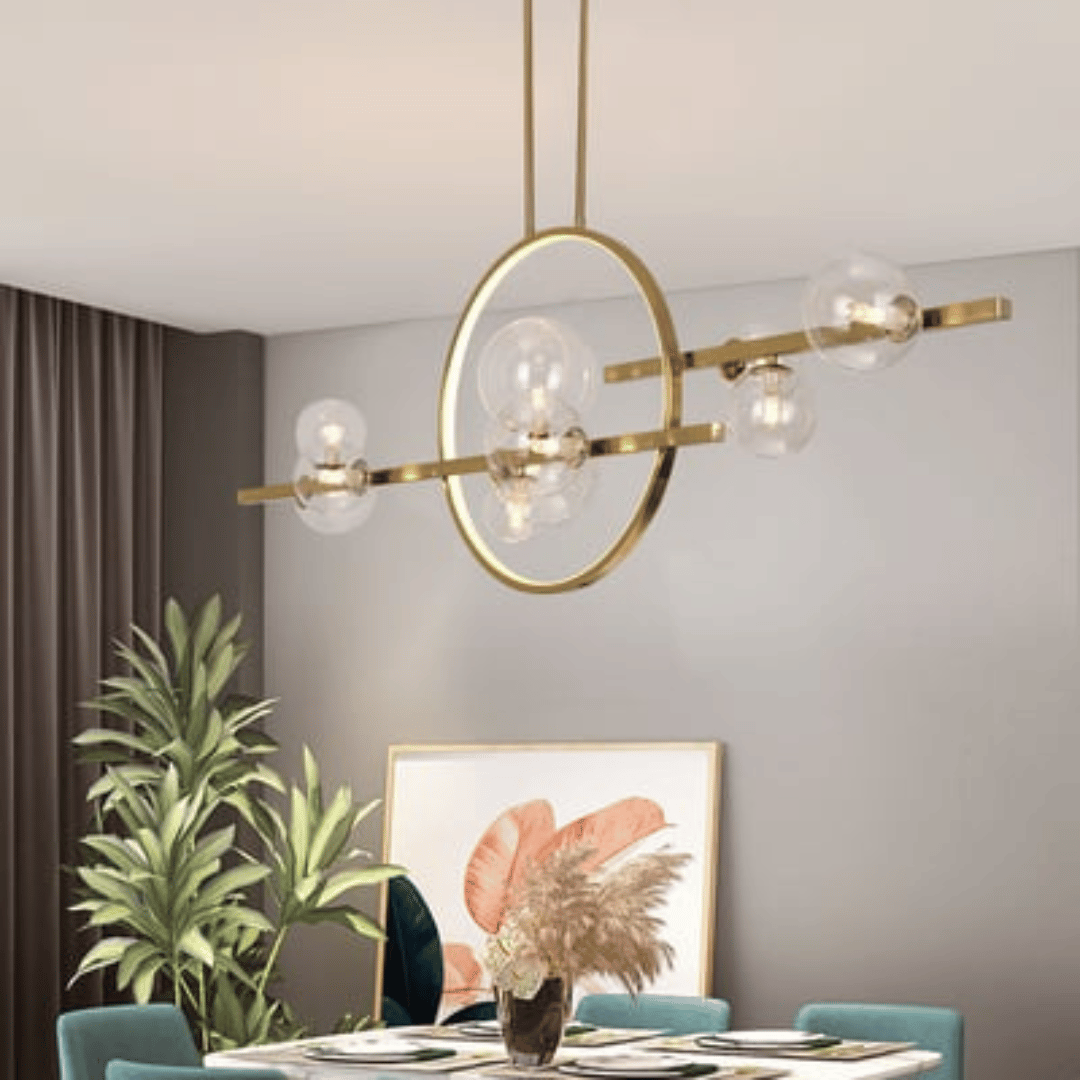 Light Modern Linear Kitchen Island Light in Gold with Glass Globe Shad