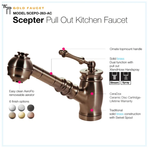 Houzer Kitchen Faucet Scepter Pull Out Solid Brass Antique Copper