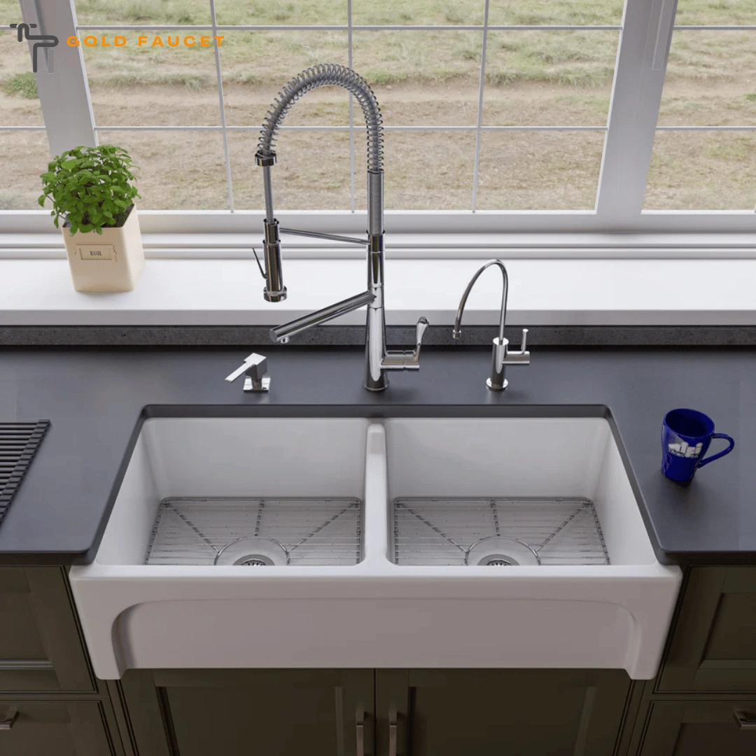 Gray Chrome Kitchen Faucet 1.7 GPM Lever Gooseneck Double Spout Touch