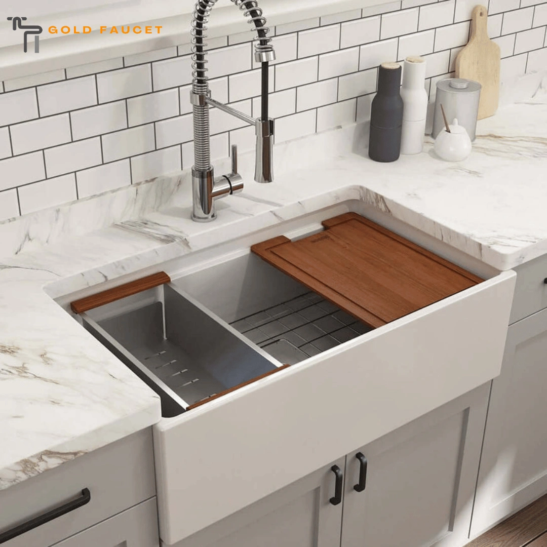 Workstation Farmhouse Sink with Accessories White BOCCHI Contempo 33 Fireclay