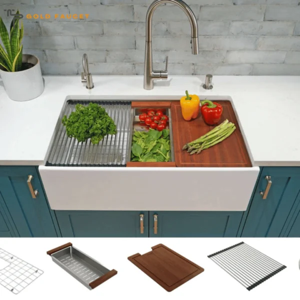 Workstation Farmhouse Sink with Accessories White BOCCHI Contempo 33 Fireclay